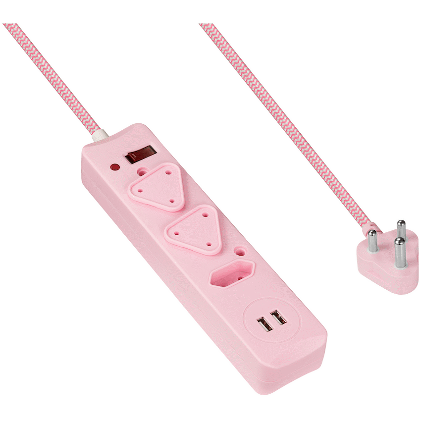 Switched 3-Way Surge Multiplug with Dual USB 2.4A & 0.5m Braided Cord - Pink