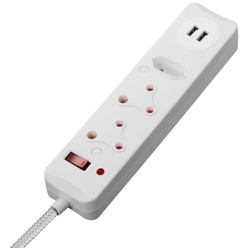 SWITCHED 3 Way Medium Surge Protected Multiplug with Dual 2.4A USB Ports 0.5M Braided Cord White