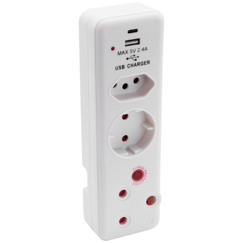Switched 3-Way Medium Surge Adaptor - Schuko with Type-C + USB