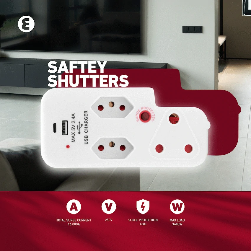 Ellies 3 Way Surge Adaptor with Type C + USB - WT - Image 11
