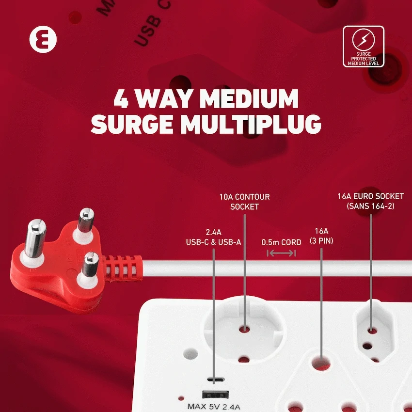 Ellies 4-Way Surge Multiplug with USB-A+USB-C 0.5m - WT - Image 12