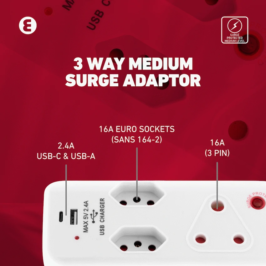 Ellies 3 Way Surge Adaptor with Type C + USB - WT - Image 12