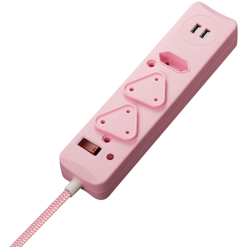 Switched 3-Way Surge Multiplug with Dual USB 2.4A & 0.5m Braided Cord - Pink - Image 2