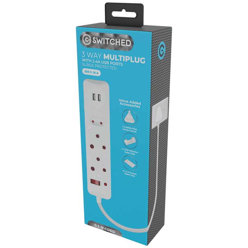 SWITCHED 3 Way Medium Surge Protected Multiplug with Dual 2.4A USB Ports 0.5M Braided Cord White - Image 2