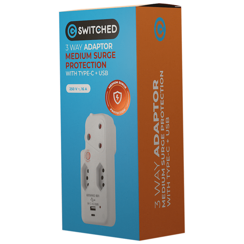 Switched 3-Way Medium Surge Adaptor with Type-C + USB - White - Image 2