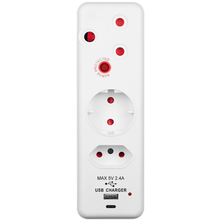 Switched 3-Way Medium Surge Adaptor - Schuko with Type-C + USB - Image 2