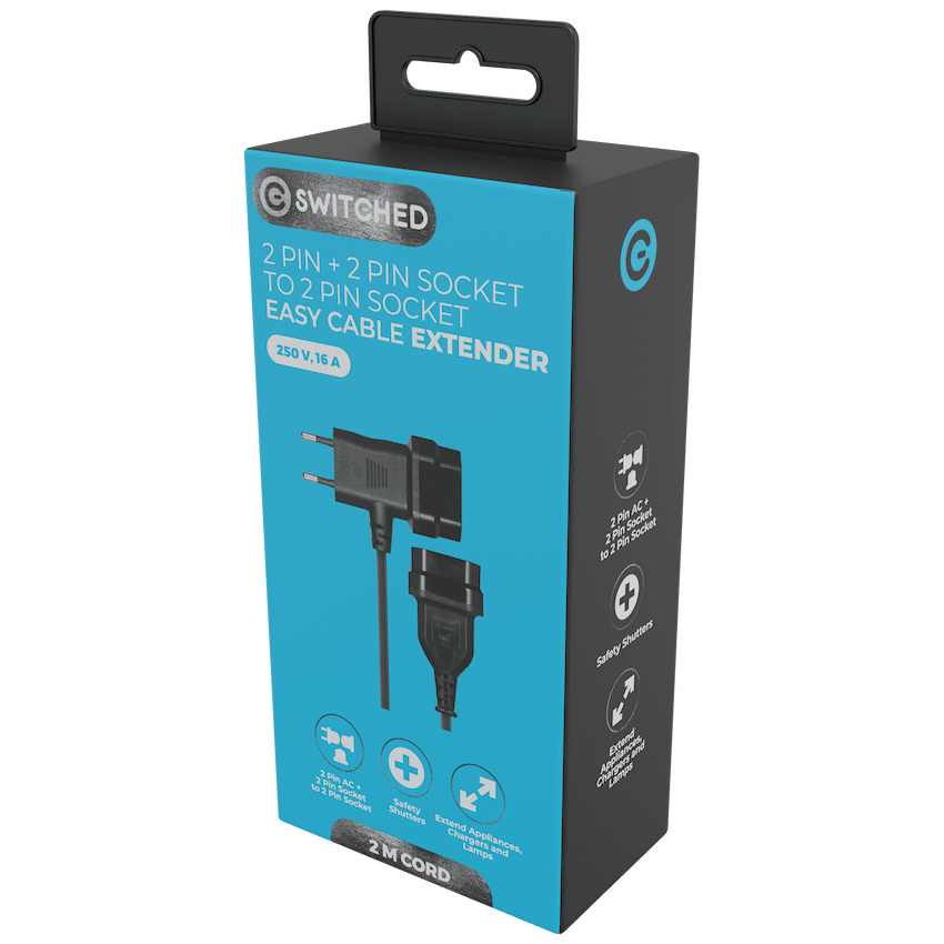 Switched Easy Cable Extender 2-Pin Euro to T-Shape AC 2-Pin Euro Socket 2m - Black - Image 2
