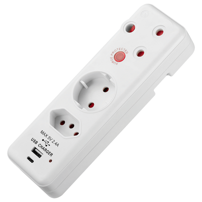 Switched 3-Way Medium Surge Adaptor - Schuko with Type-C + USB - Image 3
