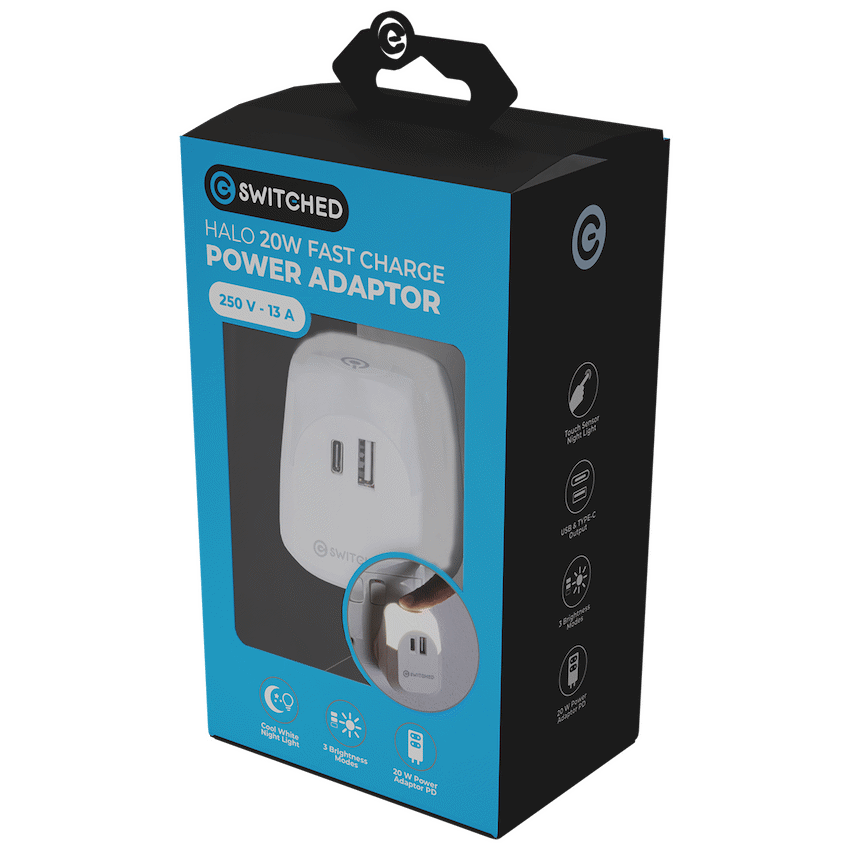 Switched Halo Fast Charge Power Adaptor, USB and Type-C Ports, Output 20w - Soft Touch Night Light - Image 3