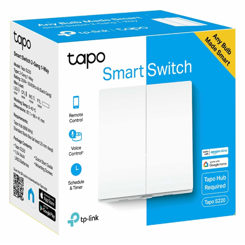 TP-Link Tapo S220 Smart 868mhz Light Switch 2-Gang 1-Way, No Neutral Required - Image 3