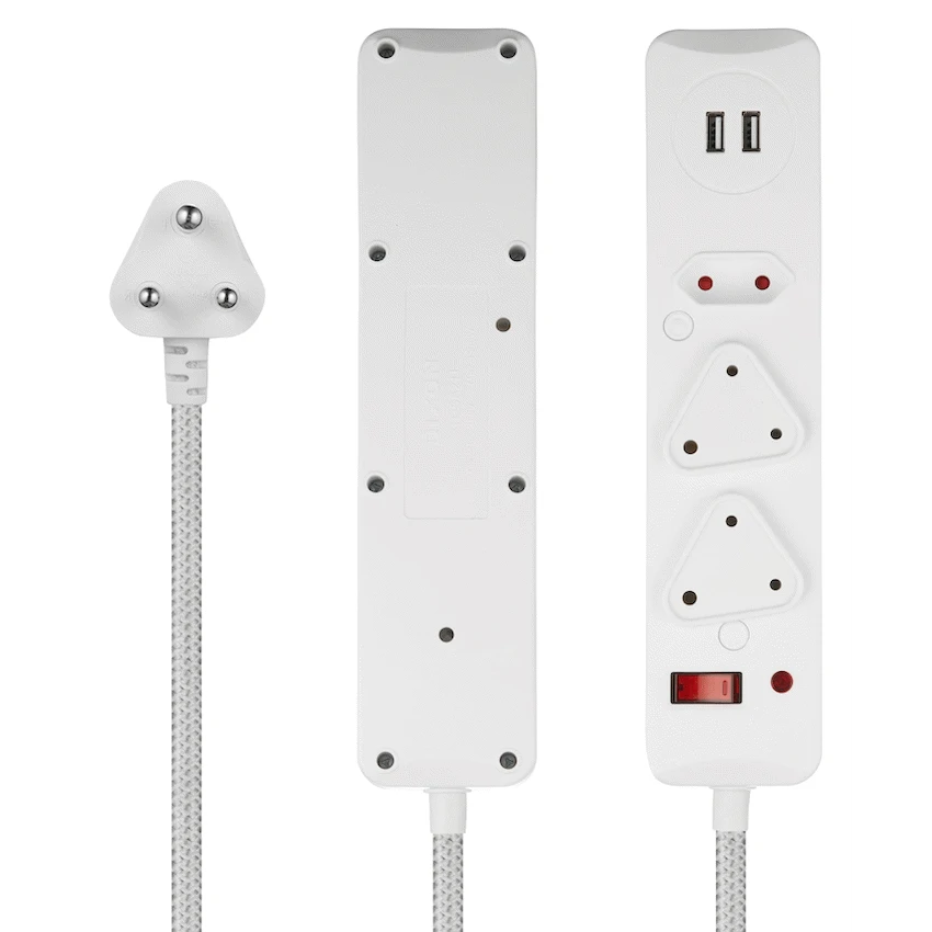 SWITCHED 3 Way Medium Surge Protected Multiplug with Dual 2.4A USB Ports 0.5M Braided Cord White - Image 3