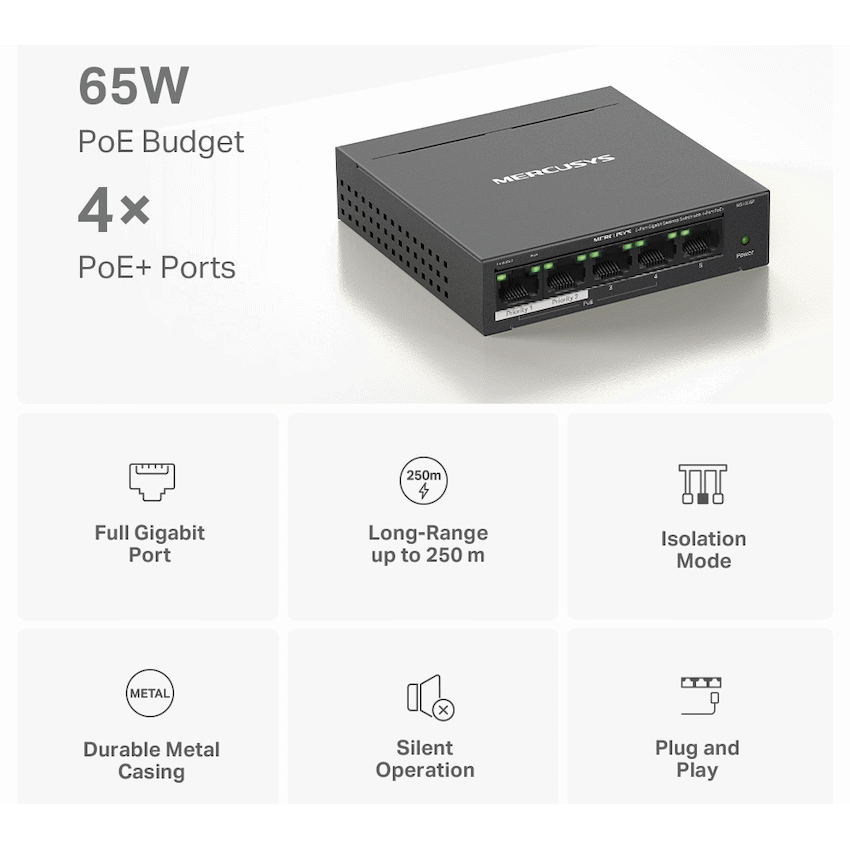 TP-Link Mercusys MS105GP 5-Port Gigabit Desktop Switch with 4-Port PoE+ - Image 4