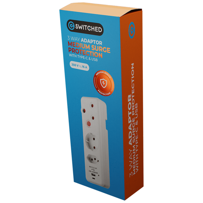 Switched 3-Way Medium Surge Adaptor - Schuko with Type-C + USB - Image 4