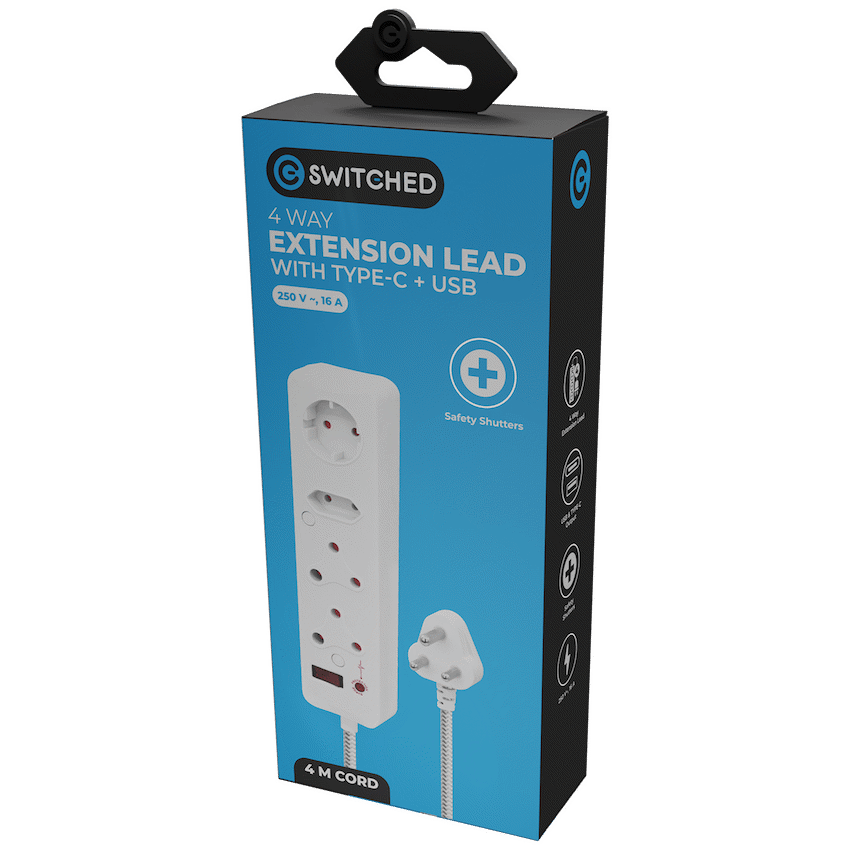Switched 4-Way Extension Lead with 1x Type-C + 1x USB - 4m - Image 5