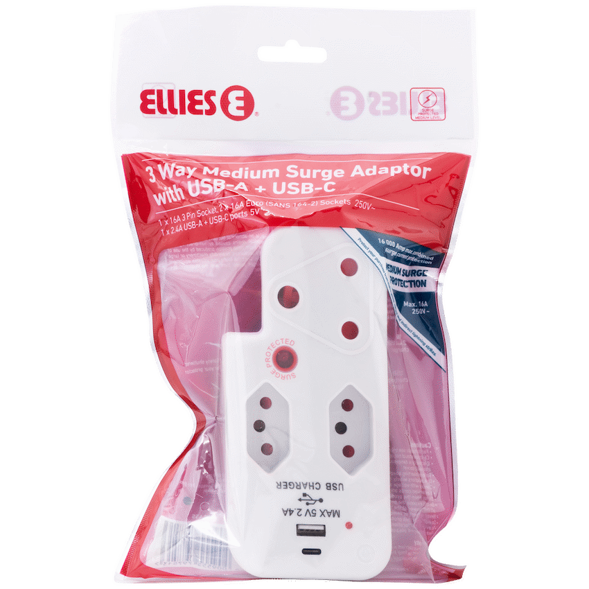 Ellies 3 Way Surge Adaptor with Type C + USB - WT - Image 5