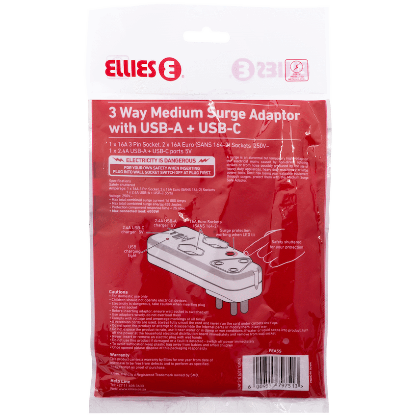 Ellies 3 Way Surge Adaptor with Type C + USB - WT - Image 6