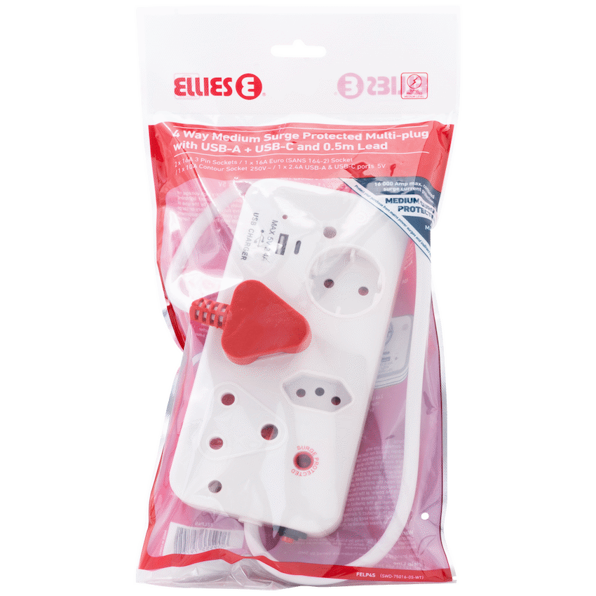 Ellies 4-Way Surge Multiplug with USB-A+USB-C 0.5m - WT - Image 6