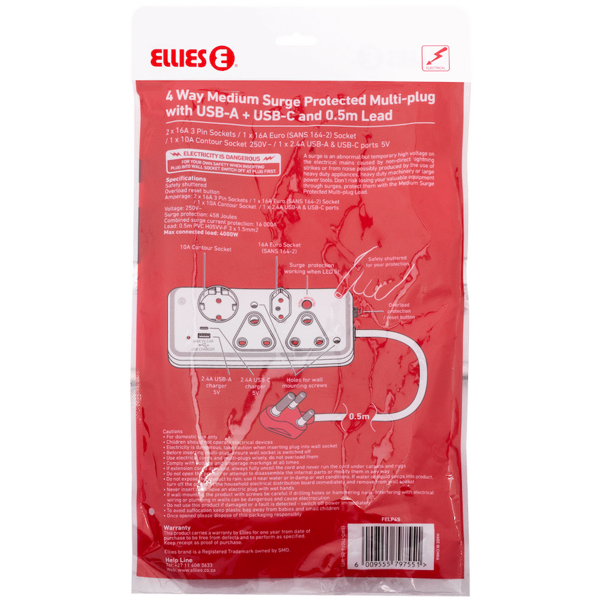 Ellies 4-Way Surge Multiplug with USB-A+USB-C 0.5m - WT - Image 7
