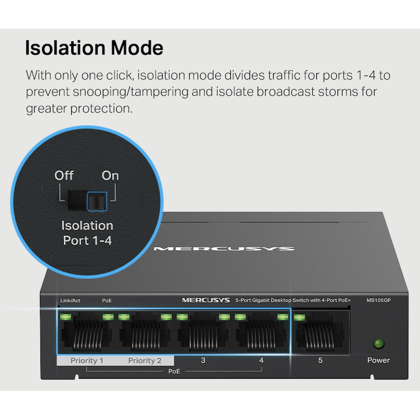 TP-Link Mercusys MS105GP 5-Port Gigabit Desktop Switch with 4-Port PoE+ - Image 8