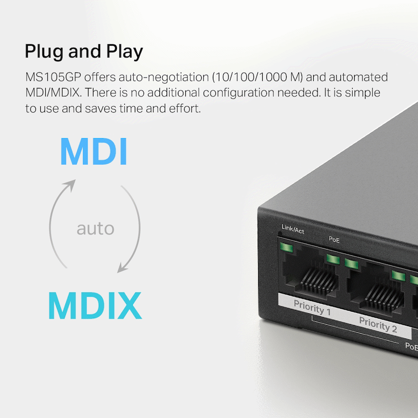 TP-Link Mercusys MS105GP 5-Port Gigabit Desktop Switch with 4-Port PoE+ - Image 9