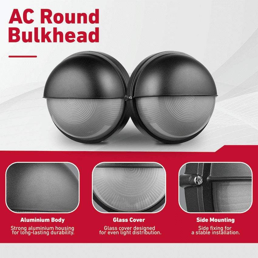 Ellies Arc Series - AC Round Bulkhead - Aluminium + Glass - E27 Base -BK - Image 4
