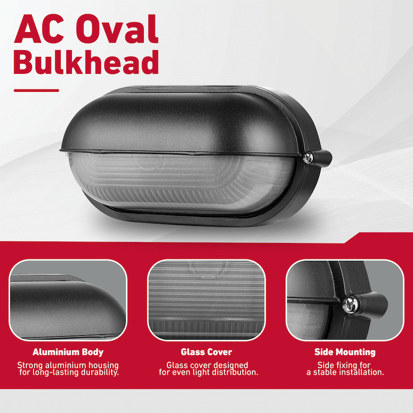 Ellies Arc Series - AC Oval LED Bulkhead - Aluminium + Glass - E27 Base -BK - Image 5